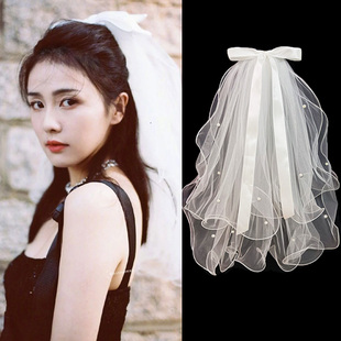 白鹿同款新娘小头纱头饰主婚纱拍照道具领证结婚登记法式求婚珍珠