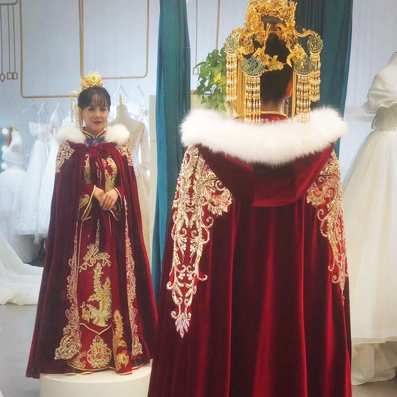 秀禾服披风斗篷丝绒新娘中式婚礼服旗袍外搭毛披肩纯色民族风保暖