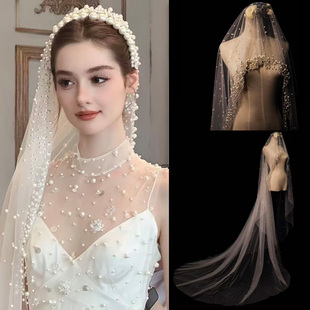新娘头纱珍珠头饰长款拖尾白色主婚纱礼服配饰复古宫廷风结婚拍照