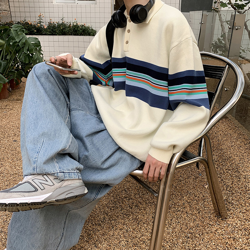 A353-M073-特P55高质量韩版翻领拼色套头情侣毛衣休闲男女针织衫,男装针织衫/毛衣,星座1308-1（原A353）