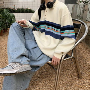 A353-M073-特P55 高质量韩版翻领拼色套头情侣毛衣休闲男女针织衫图片