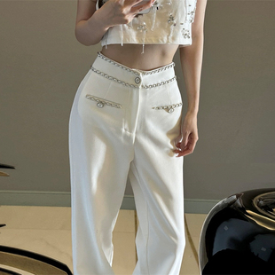 裤 高腰阔腿裤 小香风裤 小众高级西裤 子设计感女修身 直筒白色西装