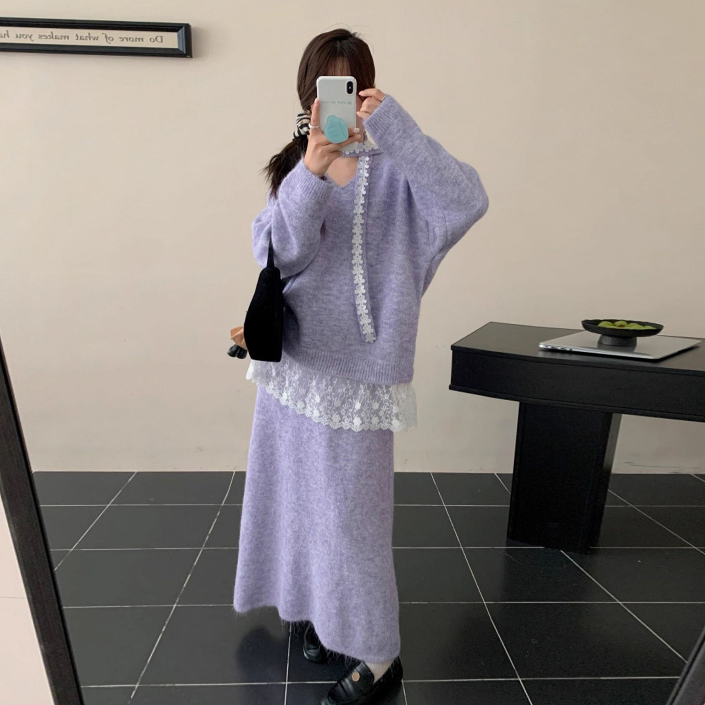 法式温柔风紫色套装长裙2026秋季新款巨好看针织毛衣半身裙一整套