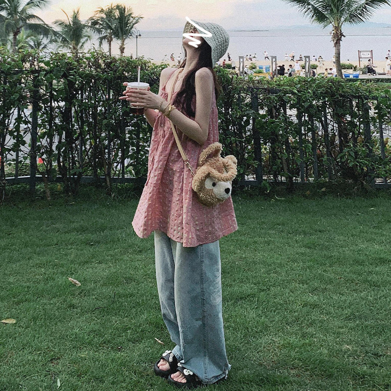 小个子海边度假风吊带裙夏日多巴胺彩虹格纹连衣裙女