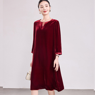 R5956高级复古真丝丝绒连衣裙秋季 气质简约显瘦通勤桑蚕丝裙 新款