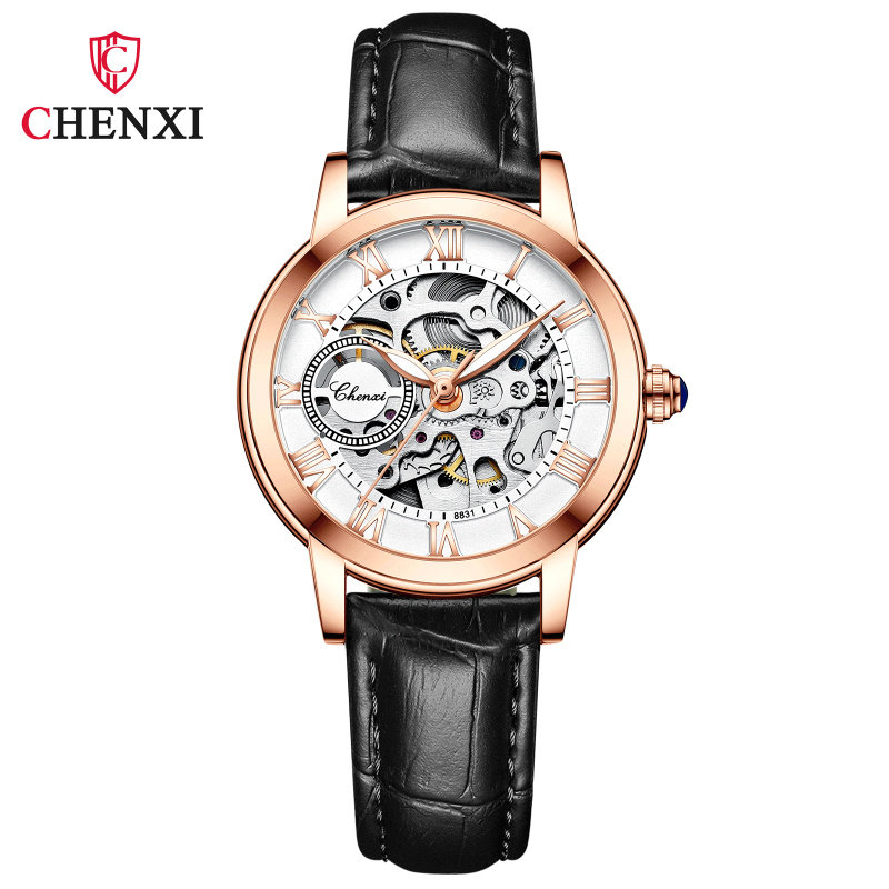 晨曦手表女士休闲夜光防水全自动镂空机械腕表爆款学生皮带女款潮