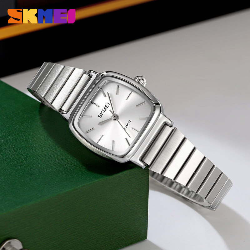 时刻美妈妈学生女士手表防水方形小巧钢带女款石英表数字腕表超薄