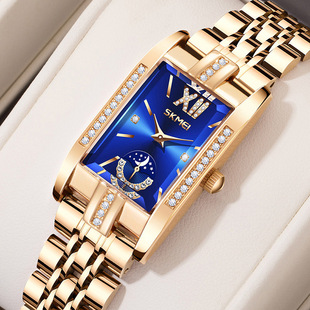 skmei时刻美品牌方形女士手表钢带女镶钻石英表防水腕表月相高档