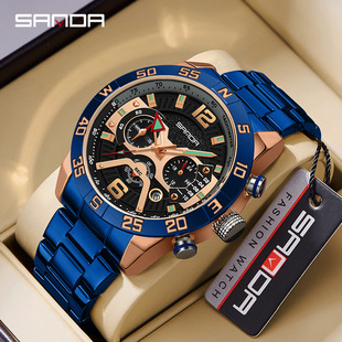 SANDA商务石英手表三眼六针带日历夜光男表防水时尚 钢带腕表男士
