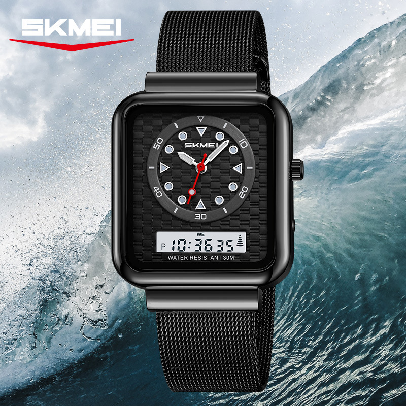 时刻美不锈钢网带手表方形双显电