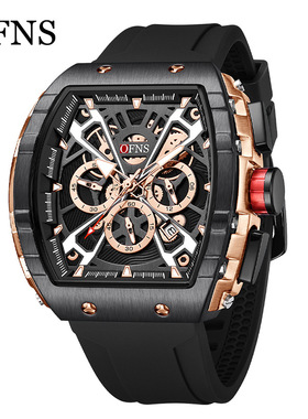 OFNS男士夜光潮流酒桶型男表三眼六针多功能石英手表日历时尚腕表