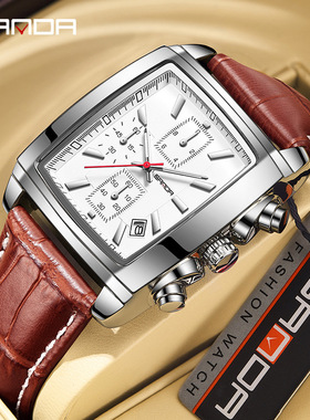 SANDA三达三眼六针日期皮带男士石英表时尚潮流学生方形防水腕表