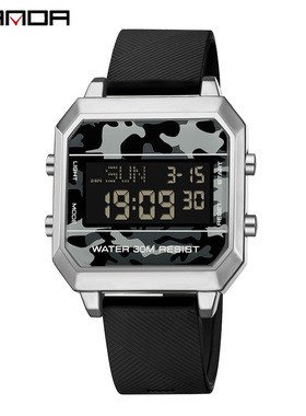 SANDA手表方形电子表多功能防水闹钟夜光电子表学生 时尚运动腕表