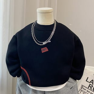 男童卫衣加绒加厚冬款2026新款儿童黑色打底衫冬季保暖男孩潮帅气