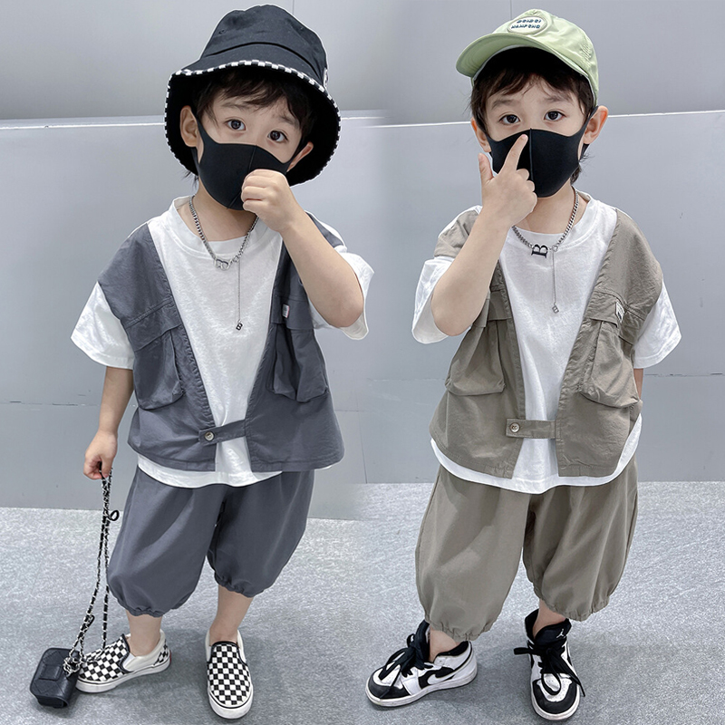 男童套装韩版夏季马甲假两件