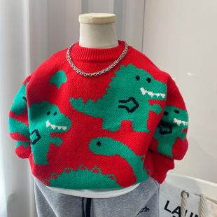 男童毛衣秋冬款2025新款加厚儿童针织衫红色打底上衣年服中童小童