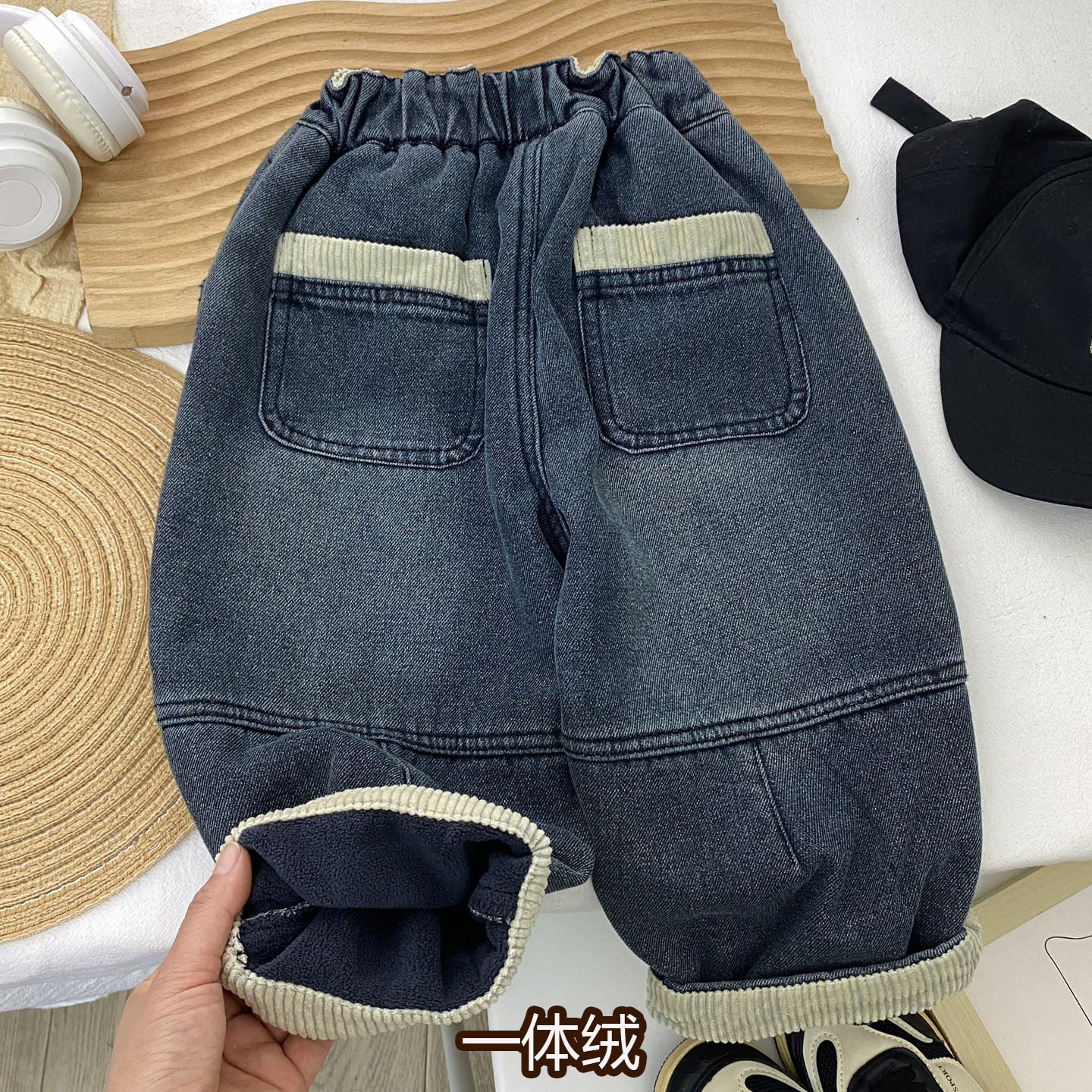 男童加绒软牛仔裤洋气蓝灰色冬季