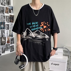 Summer fashion brand loose cotton printed short sleeve men's clothing