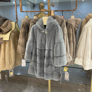 整貂带帽中长款 貂皮大衣女款 进口水貂海宁皮草外套女 新款 2024冬季