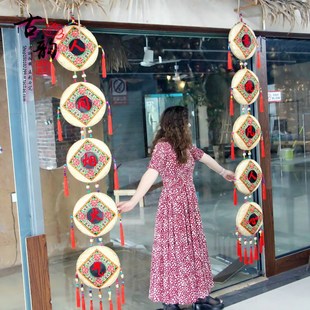 新款 饰对联壁挂 田园手工竹编簸箕画挂饰餐厅农家乐门头民族刺绣装