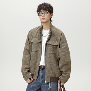 现在就出发王安宇同款千鸟格顿夹克秋季新款双袋短宽立领格子外套