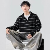 骄阳似我林屿森宋威龙同款 毛衣 长袖 黑白撞色条纹polo领针织衫 男士