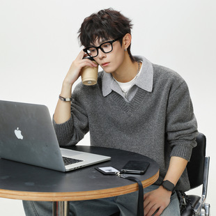 现在就出发白敬亭王安宇同款假两件V领毛衣男秋冬翻领polo针织衫