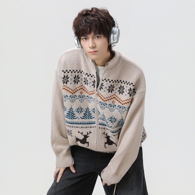 现在就出发王安宇同款提花肌理费尔岛毛衣男秋冬复古软糯针织开衫