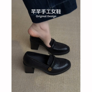 羊皮版~2026新款8CM粗跟高跟英伦风小皮鞋黑色山茶花乐福鞋女春季