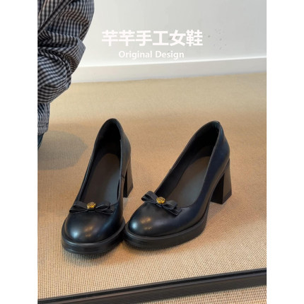 羊皮版~英伦风黑色高跟鞋山茶花粗跟乐福鞋女2026新款浅口小皮鞋