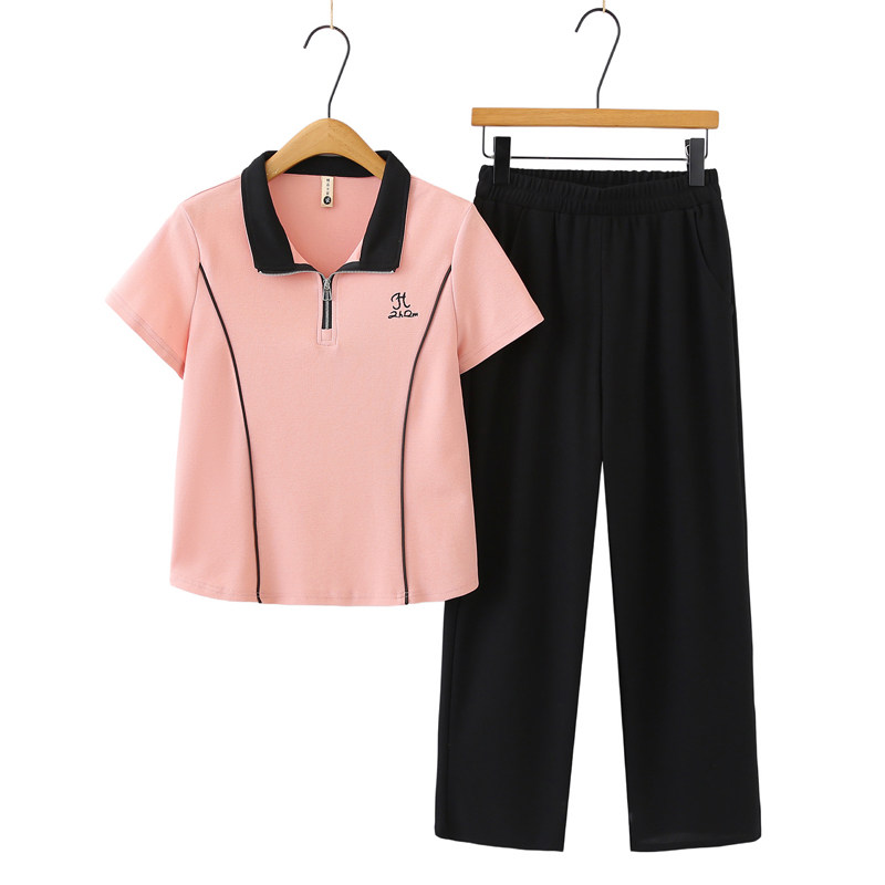 Mom's Summer Casual Sportswear Suit, Stylish Middle-Aged and Elderly Women's Summer Cotton Short-Sleeved Top, Thin Two-Piece Set