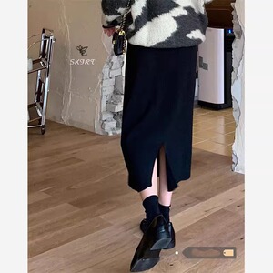 黑色开叉a字半身裙女秋冬新款大码胖mm高腰显瘦弹力洋气针织裙子