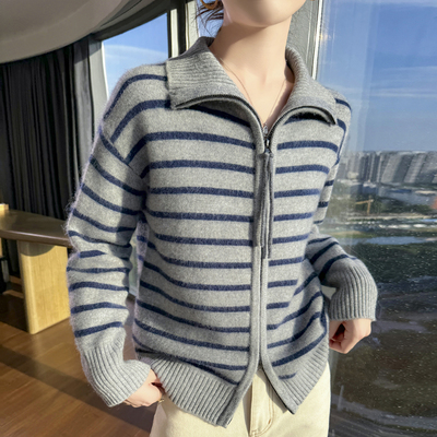 100纯羊毛开衫加厚新款秋冬女双拉链针织毛衣宽松条纹羊绒外套