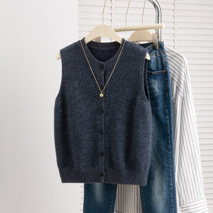 100纯羊毛马甲高级感深灰色圆领针织女内搭无袖上衣毛衣开衫背心