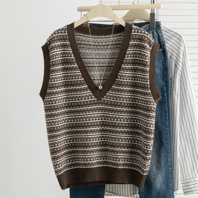 羊毛V领针织女款马甲背心2025新款春秋外搭叠穿复古提花毛衣坎肩