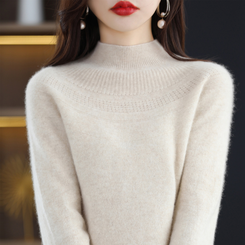 无缝100%纯羊毛衫女半高领镂空