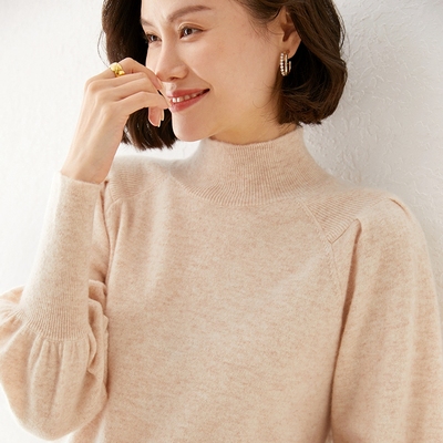 纯羊毛打底毛衣半高领泡泡灯笼袖