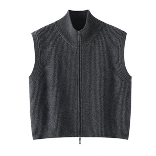 2025秋冬新款纯羊毛双拉链高领针织开衫马甲背心女款百搭毛衣坎肩