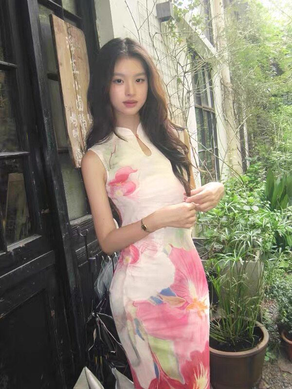 新中式双面穿花卉撞色改良旗袍裙无袖背心连衣裙女收腰包臀鱼尾裙