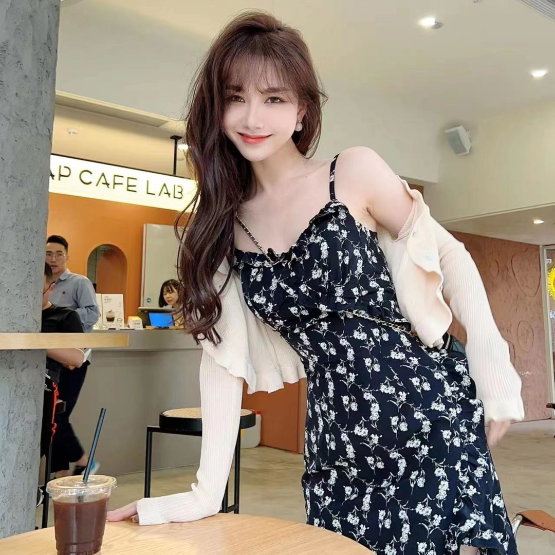 卡卡女装官方旗舰正品翠花裙性感百搭吊带连衣裙 花瓣边小披肩夏