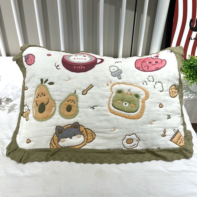 纯棉纱布花边枕巾单条装儿童卡通可爱家用柔软透气全棉枕头巾盖巾