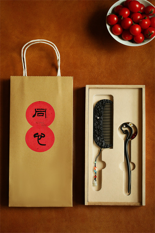 紫光檀五福如意木梳发簪同心套装红木梳子文玩木雕收藏工艺品送礼