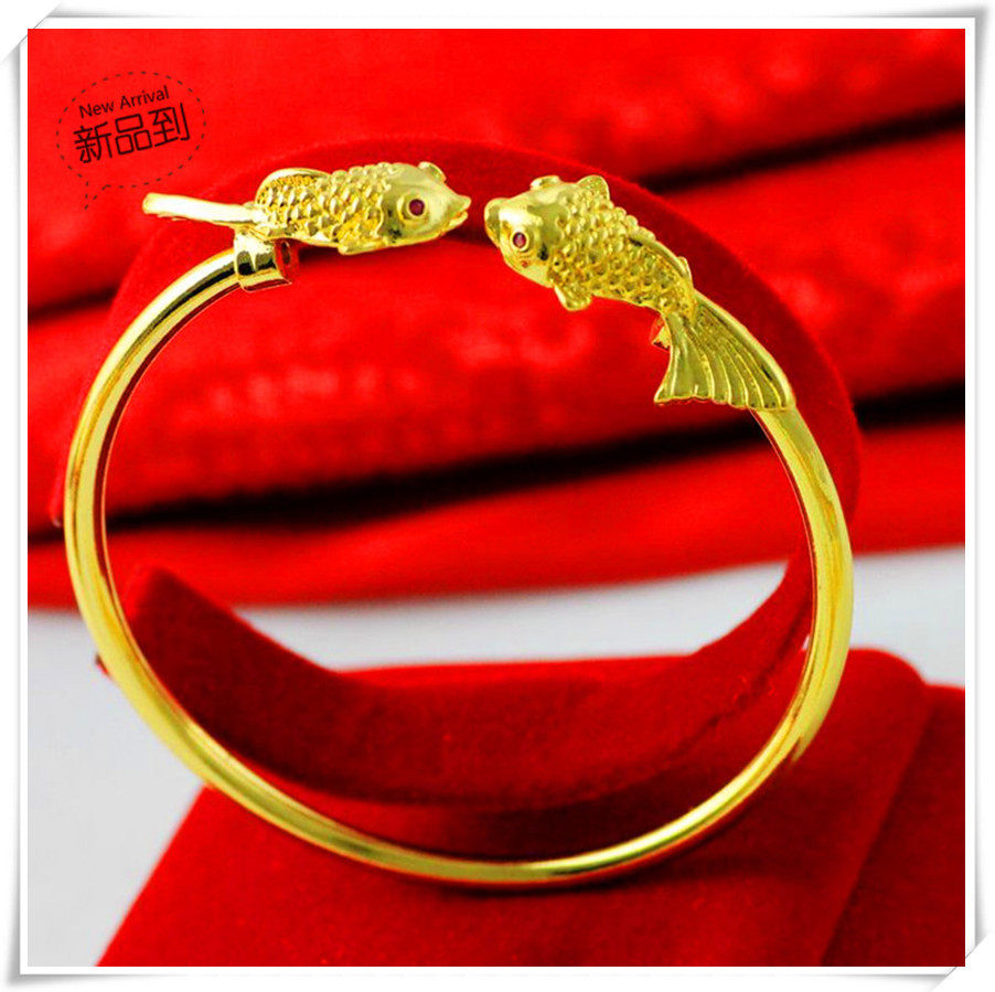 越南沙金手镯 镀24k黄金流行新款女士双鱼金鱼沙金手环仿真金首饰