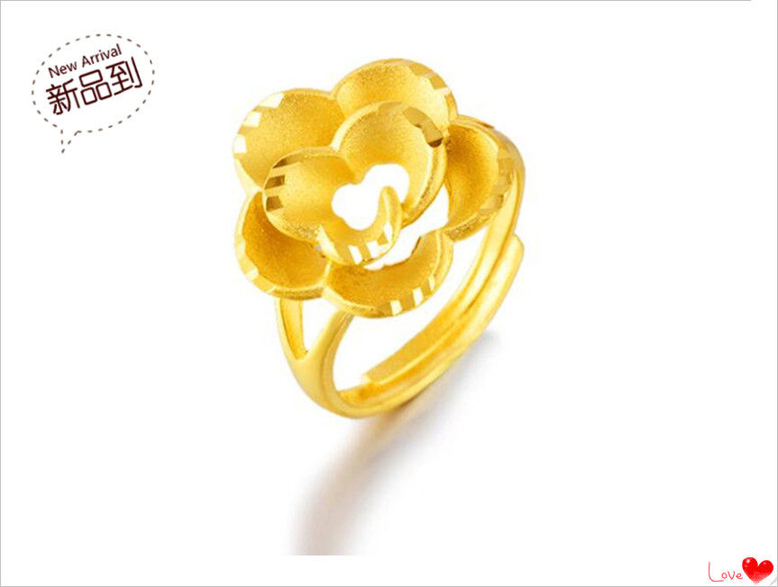 越南沙金女款指环  镀24K黄金3D硬金喷砂开口花朵戒指 仿真金首饰