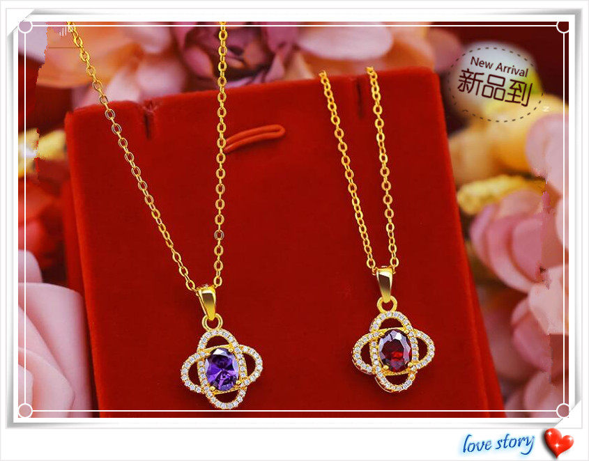 越南沙金链子  镀24K黄金新款女士时尚微镶锆石四叶草吊坠带项链