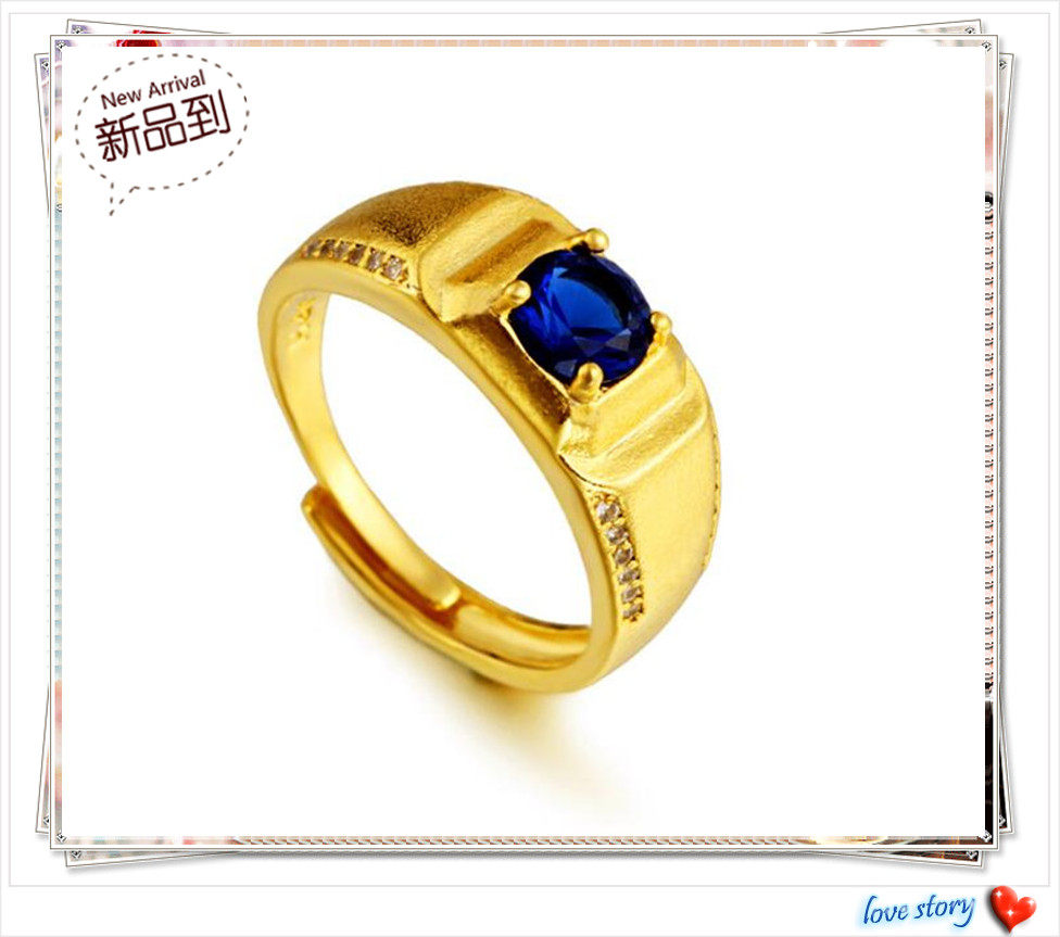 越南沙金戒指 镀24K黄金新款情侣蓝宝石男女时尚锆石沙金开口戒指