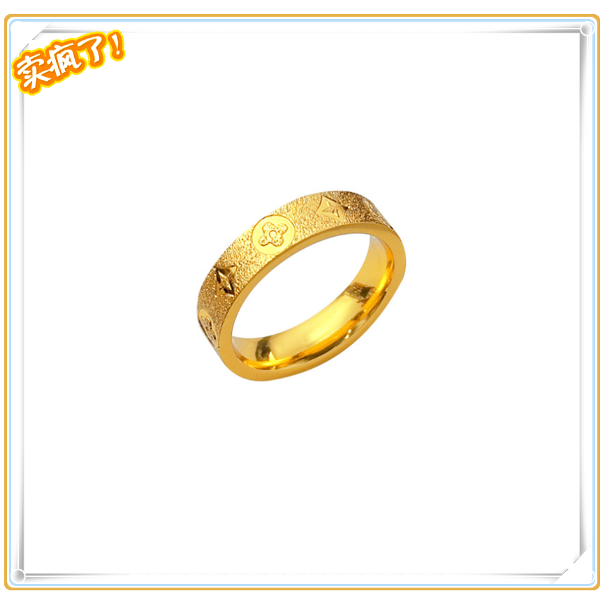 越南沙金戒指情侣款 镀24K黄金闭口四叶草钉砂老花男女仿真金指环