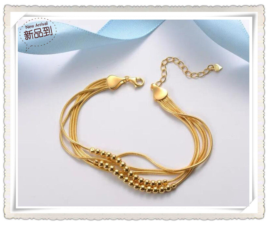 越南沙金手链  镀24K黄金女士流行款五线圆珠仿真金手镯 带延长链