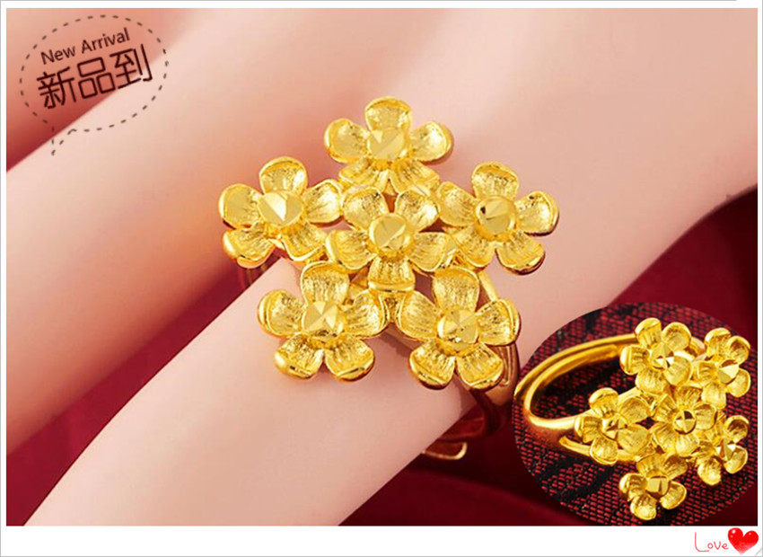 越南沙金指环   镀24K黄金女士新款3D硬金 喷砂花朵沙金开口戒指