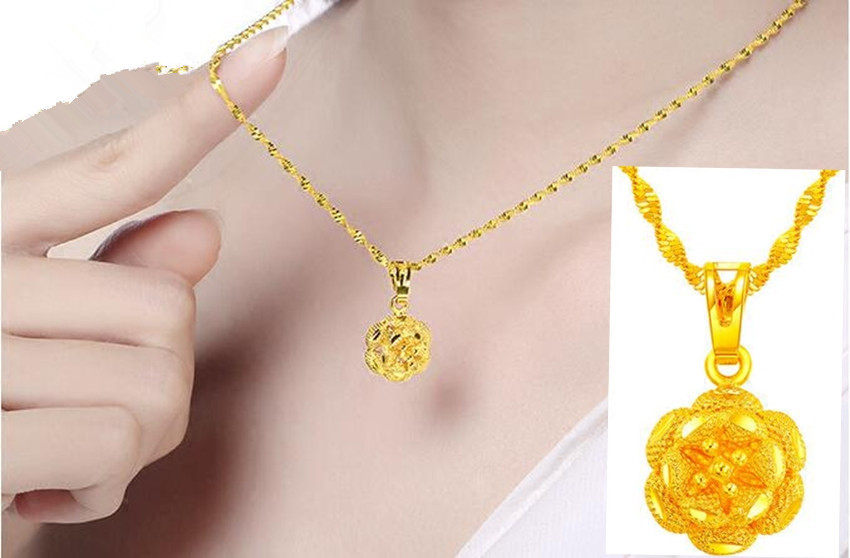 越南沙金项链  镀24K黄金女士玫瑰花吊坠带链子 仿真金首饰不褪色